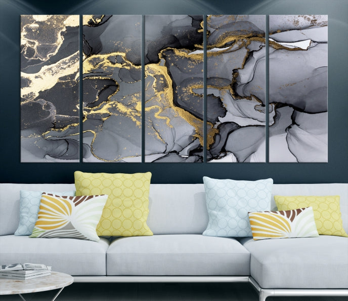 Gold Gray Marble Fluid Effect Wall Art Large Abstract Canvas Print