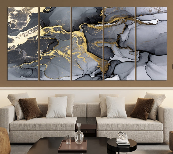 Gold Gray Marble Fluid Effect Wall Art Large Abstract Canvas Print