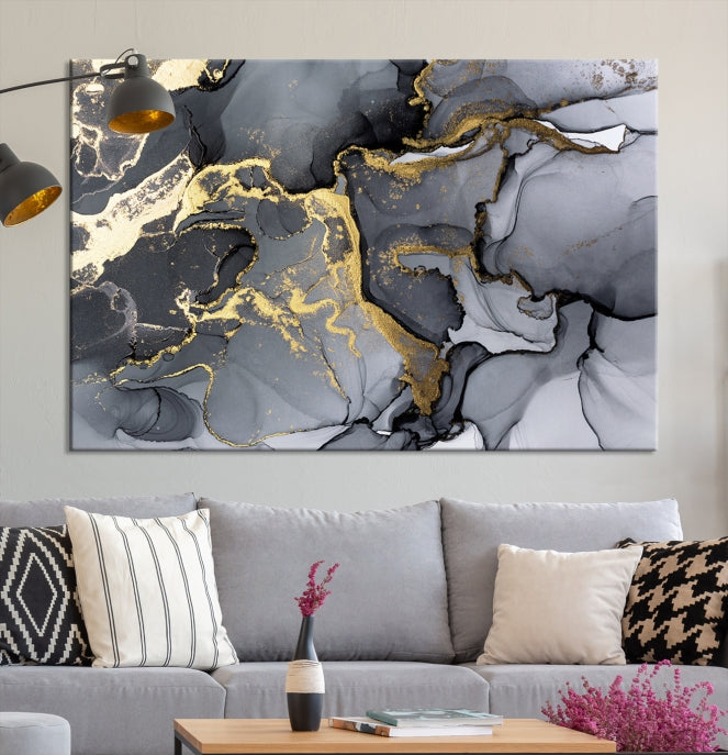 Gold Gray Marble Fluid Effect Wall Art Large Abstract Canvas Print