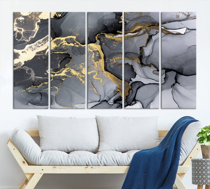 Gold Gray Marble Fluid Effect Wall Art Large Abstract Canvas Print