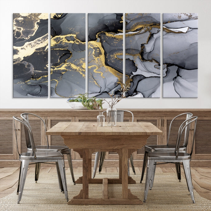 Gold Gray Marble Fluid Effect Wall Art Large Abstract Canvas Print