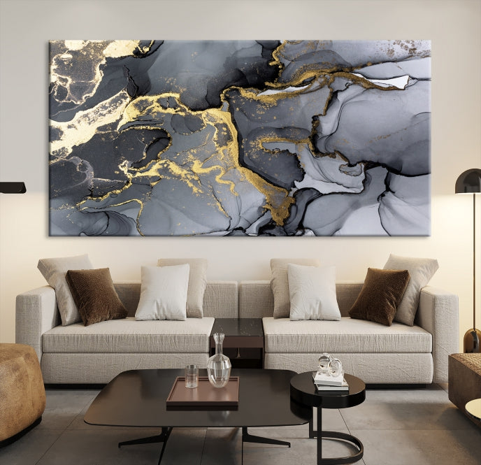 Gold Gray Marble Fluid Effect Wall Art Large Abstract Canvas Print