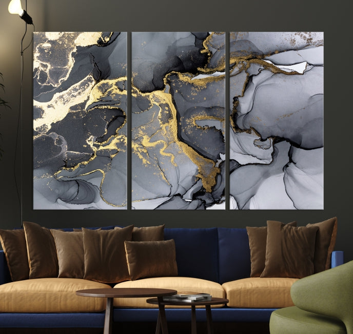 Gold Gray Marble Fluid Effect Wall Art Large Abstract Canvas Print