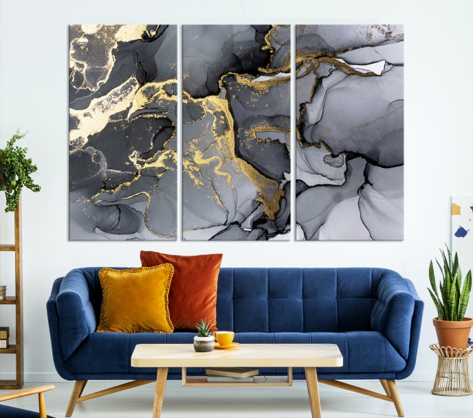 Gold Gray Marble Fluid Effect Wall Art Large Abstract Canvas Print