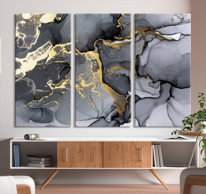 Gold Gray Marble Fluid Effect Wall Art Large Abstract Canvas Print