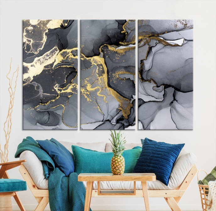 Gold Gray Marble Fluid Effect Wall Art Large Abstract Canvas Print