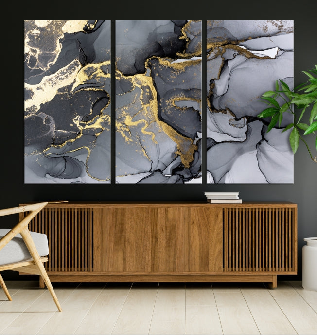 Gold Gray Marble Fluid Effect Wall Art Large Abstract Canvas Print