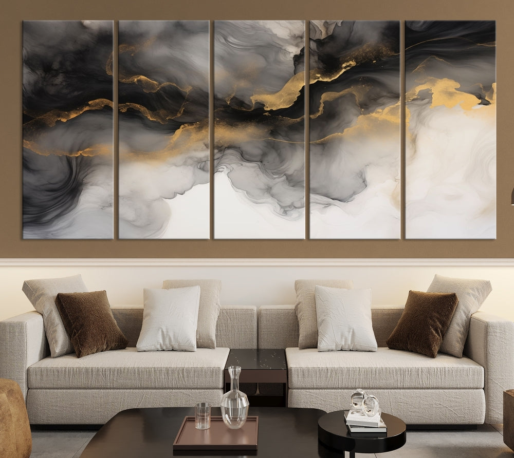 Gold Gray Painting Canvas Wall Art Set of Modern Abstract Print