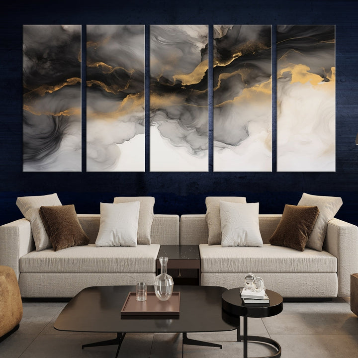 Gold Gray Painting Canvas Wall Art Set of Modern Abstract Print