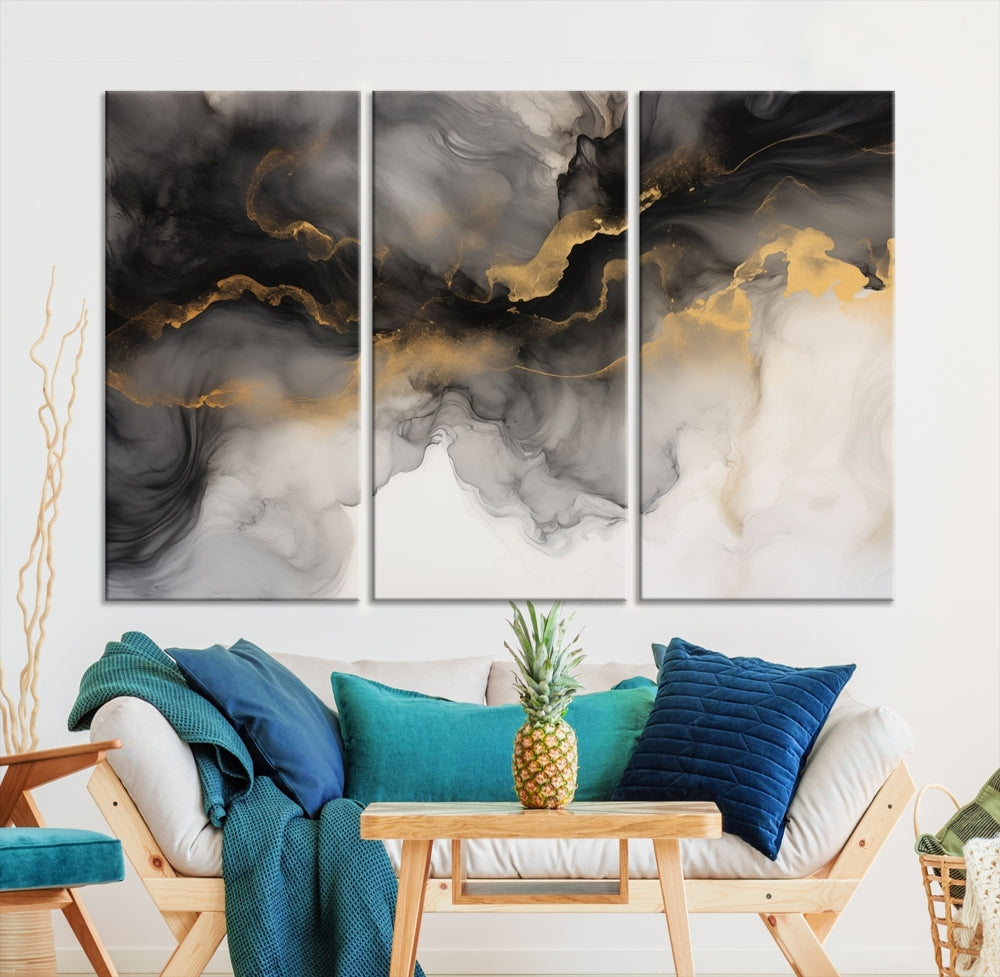 Gold Gray Painting Canvas Wall Art Set of Modern Abstract Print