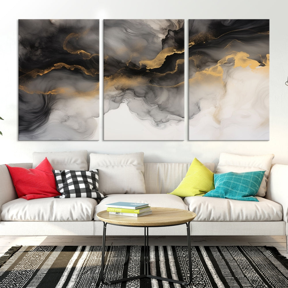 Gold Gray Painting Canvas Wall Art Set of Modern Abstract Print