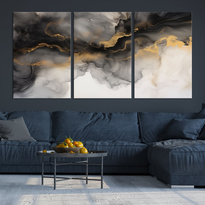 Gold Gray Painting Canvas Wall Art Set of Modern Abstract Print