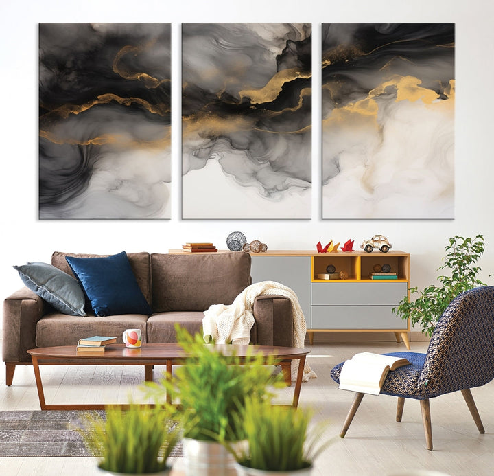 Gold Gray Painting Canvas Wall Art Set of Modern Abstract Print