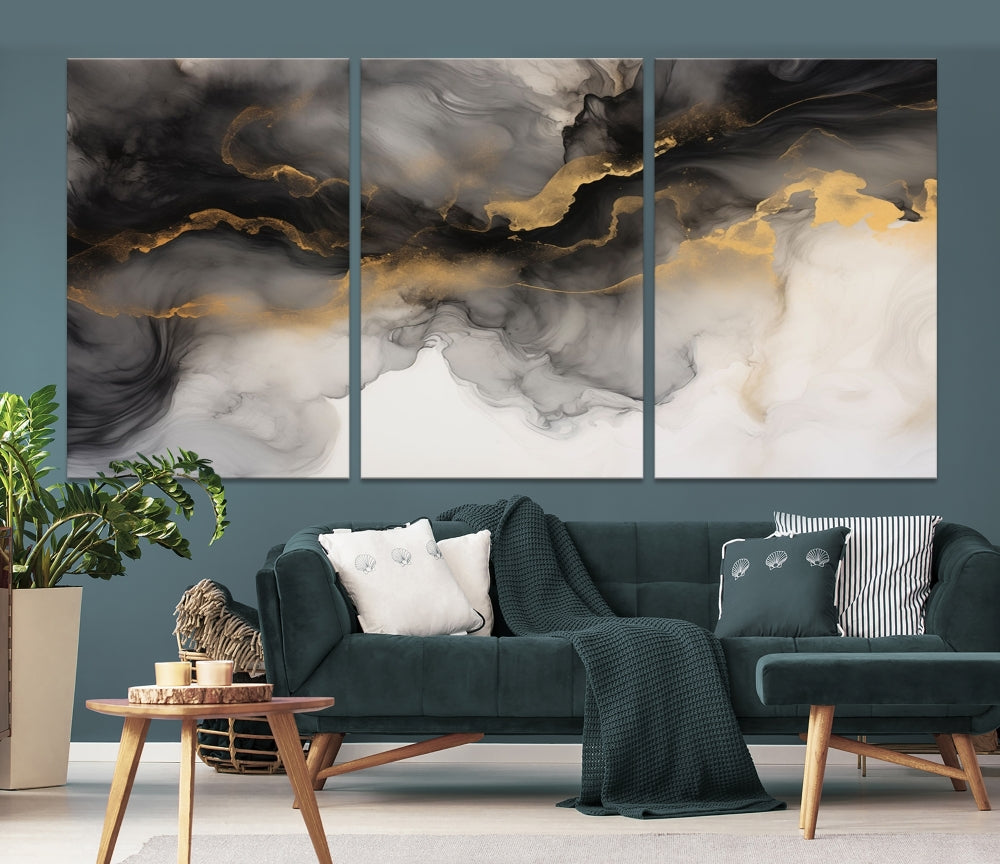 Gold Gray Painting Canvas Wall Art Set of Modern Abstract Print