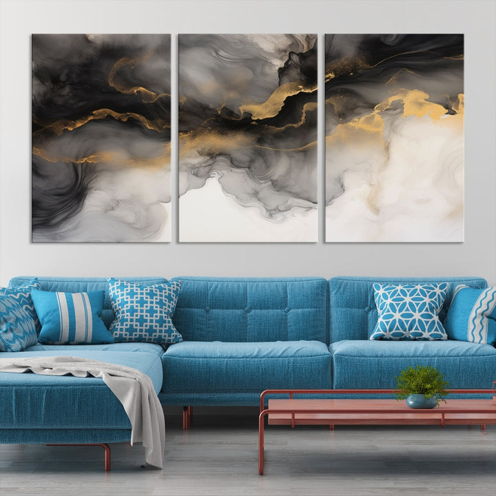 Gold Gray Painting Canvas Wall Art Set of Modern Abstract Print