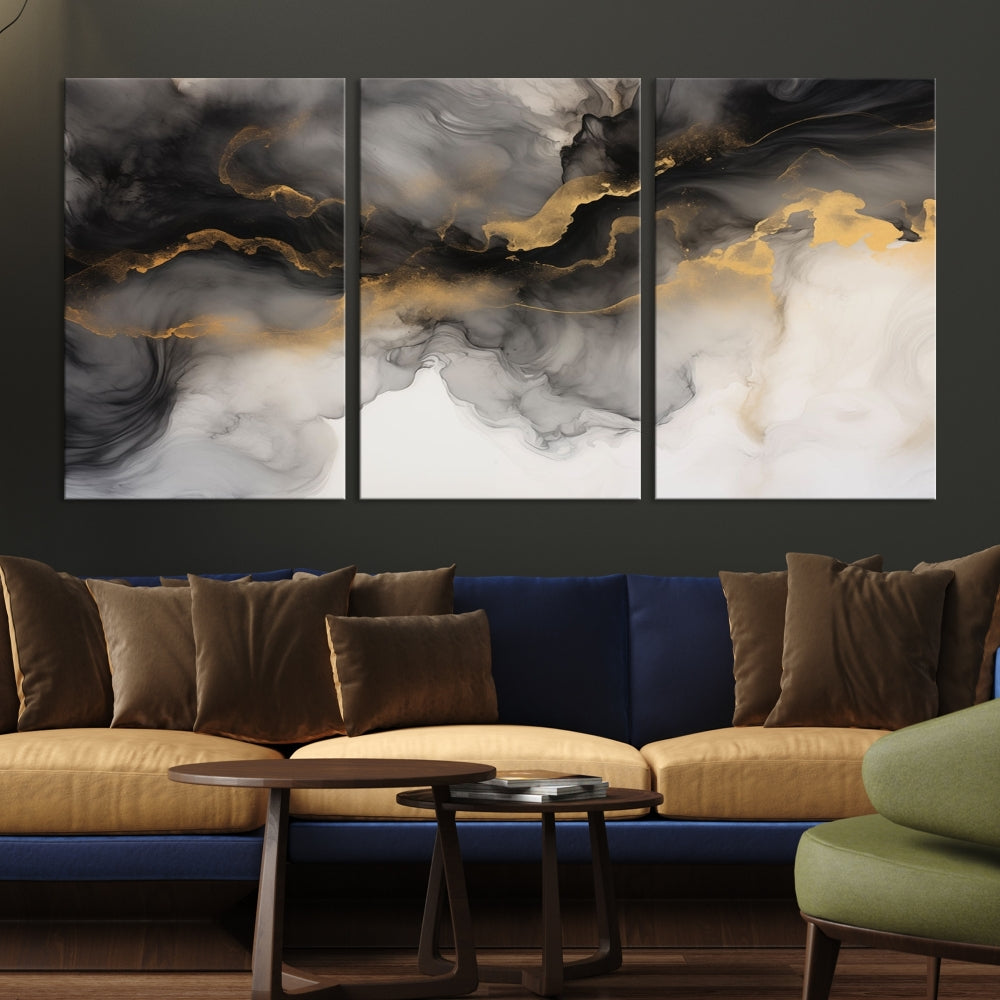 Gold Gray Painting Canvas Wall Art Set of Modern Abstract Print