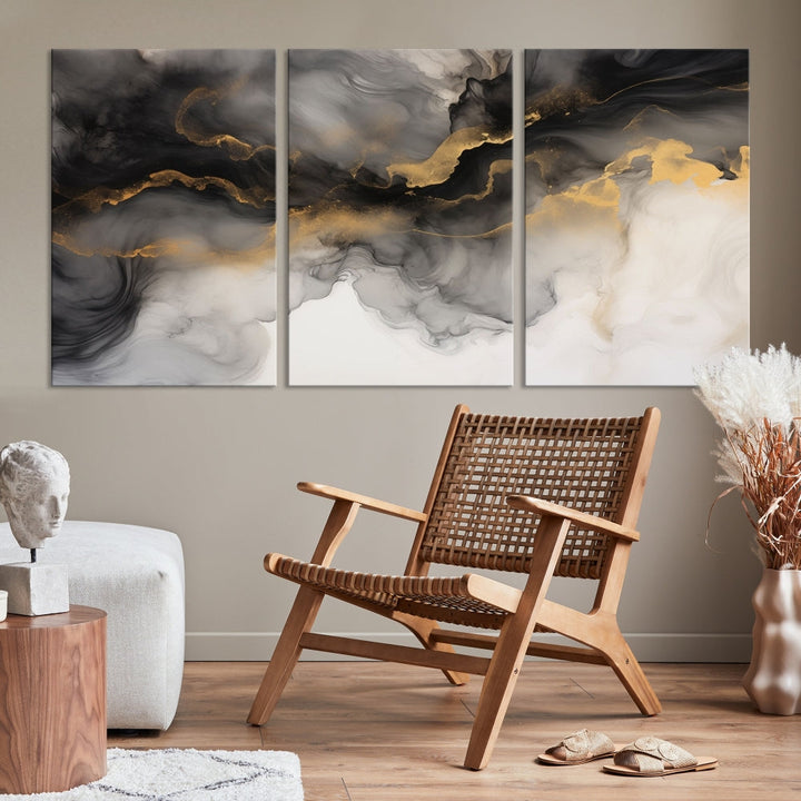 Gold Gray Painting Canvas Wall Art Set of Modern Abstract Print