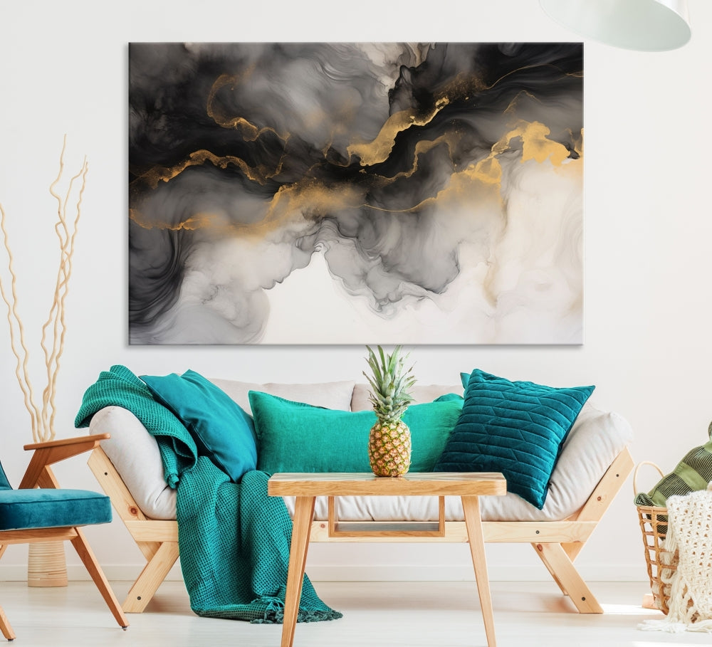 Gold Gray Painting Canvas Wall Art Set of Modern Abstract Print