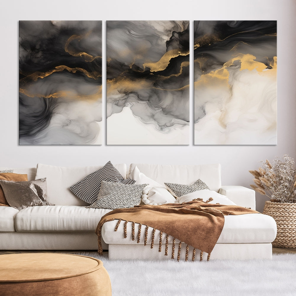 Gold Gray Painting Canvas Wall Art Set of Modern Abstract Print