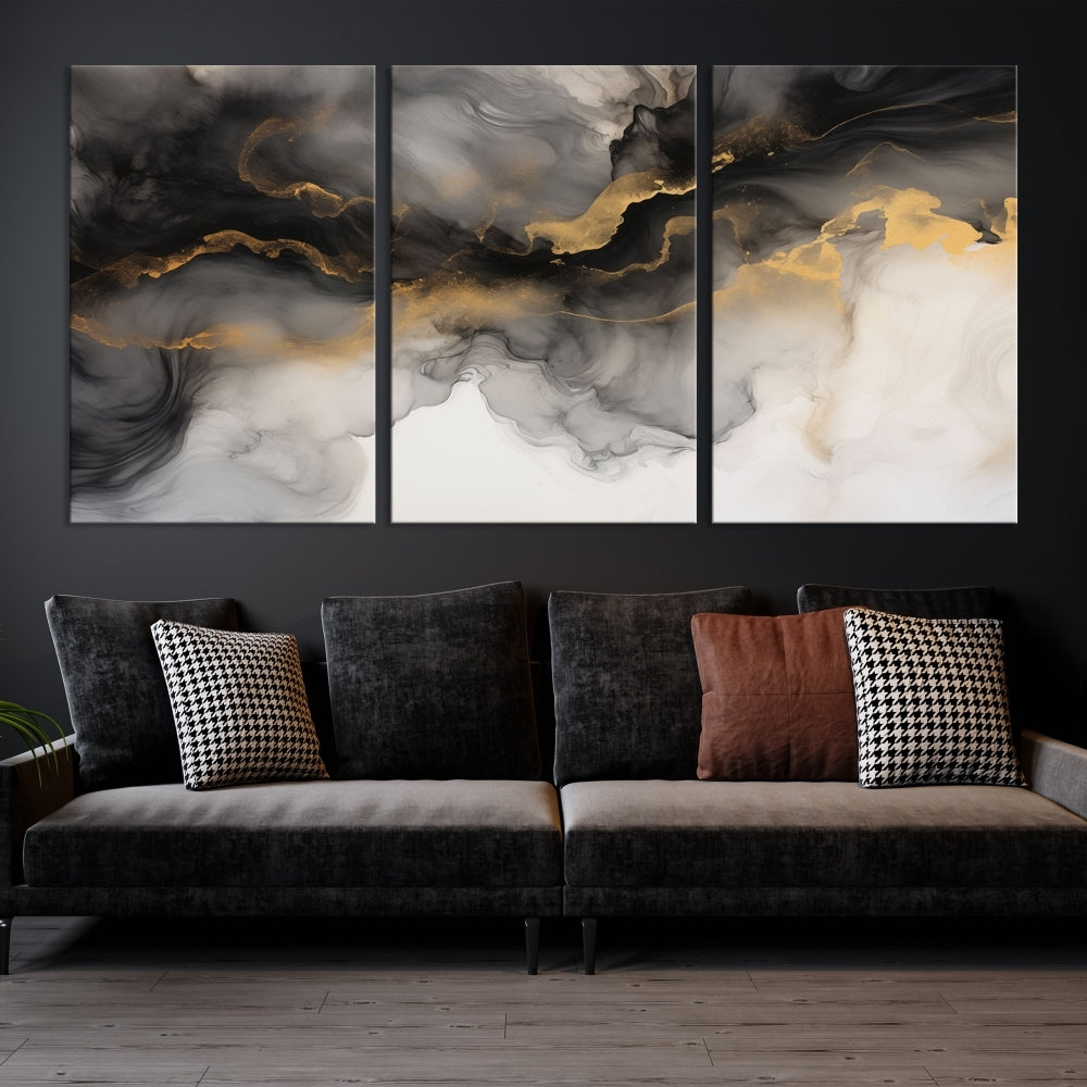 Gold Gray Painting Canvas Wall Art Set of Modern Abstract Print