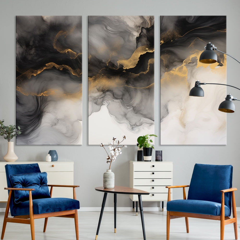 Gold Gray Painting Canvas Wall Art Set of Modern Abstract Print