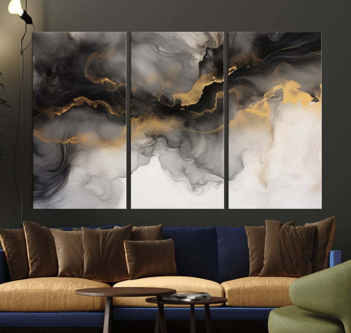 Gold Gray Painting Canvas Wall Art Set of Modern Abstract Print