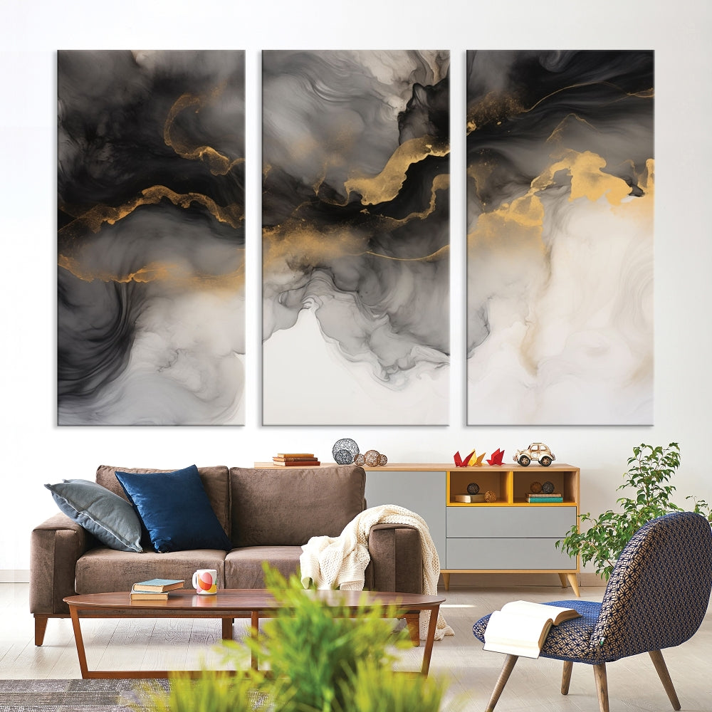 Gold Gray Painting Canvas Wall Art Set of Modern Abstract Print