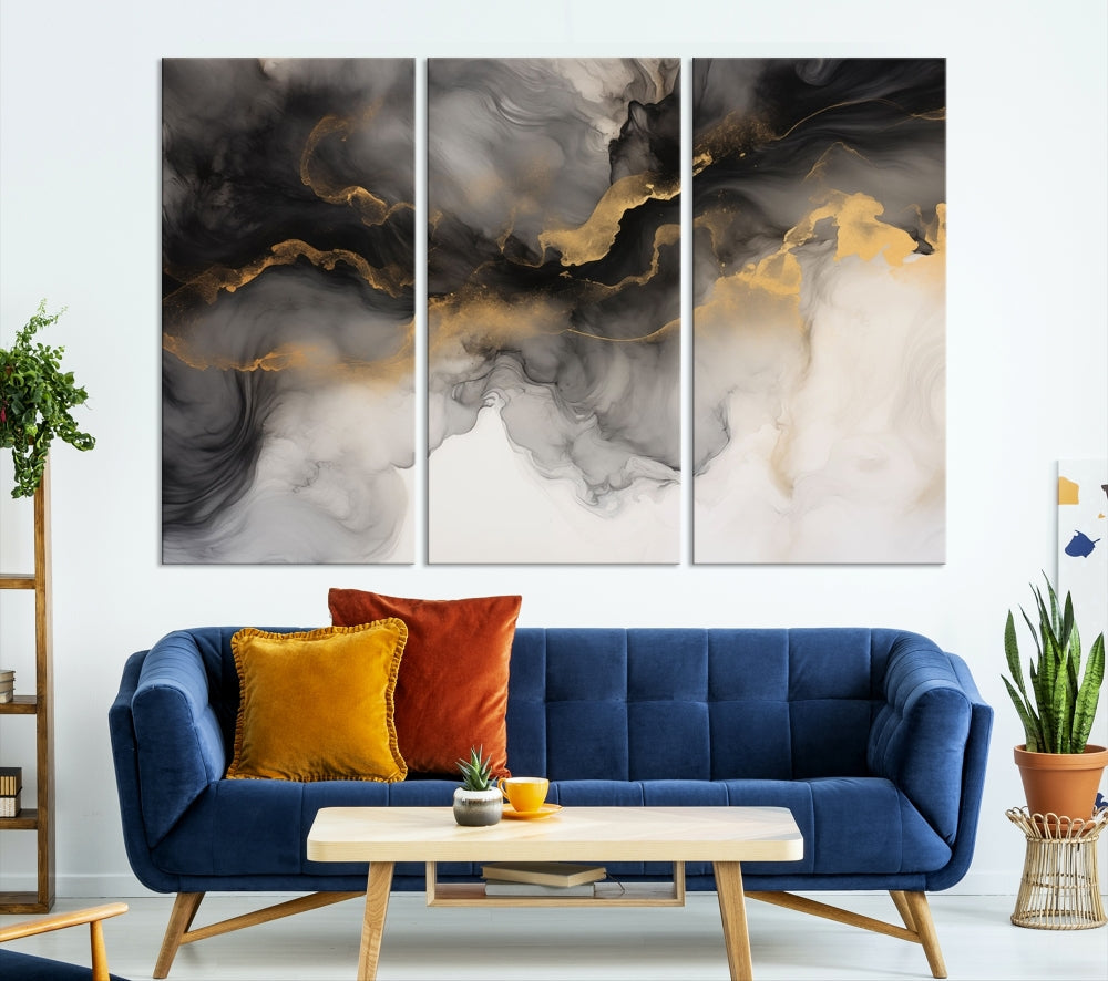 Gold Gray Painting Canvas Wall Art Set of Modern Abstract Print