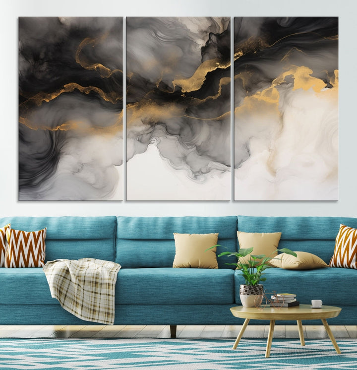 Gold Gray Painting Canvas Wall Art Set of Modern Abstract Print