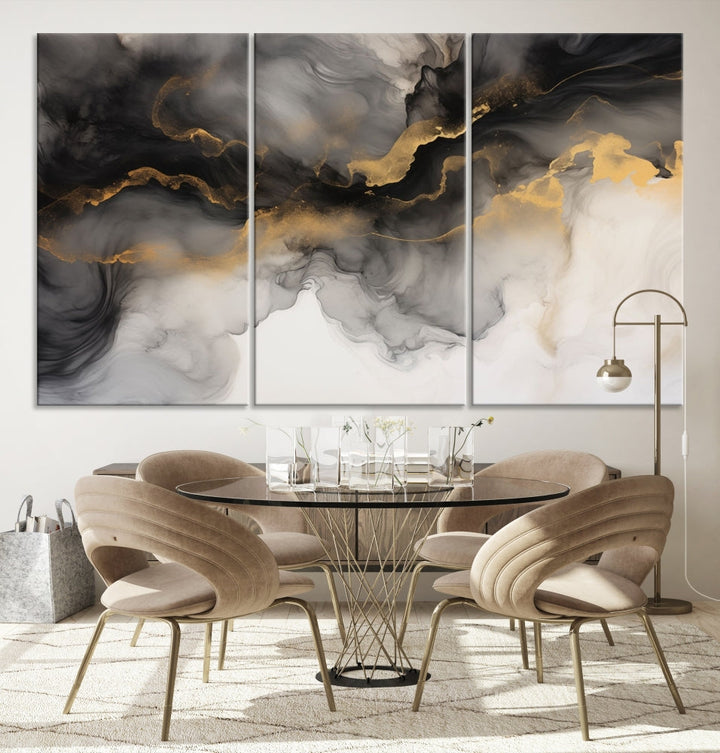 Gold Gray Painting Canvas Wall Art Set of Modern Abstract Print