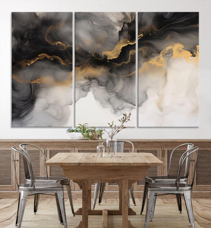 Gold Gray Painting Canvas Wall Art Set of Modern Abstract Print