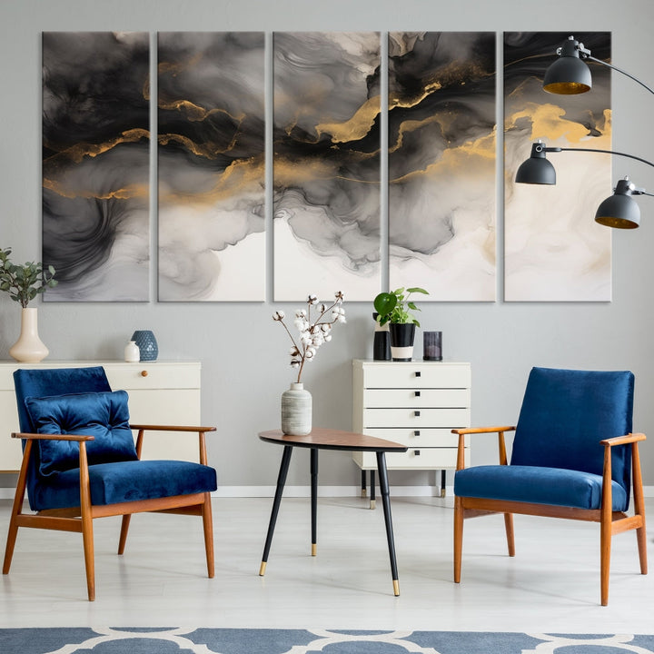 Gold Gray Painting Canvas Wall Art Set of Modern Abstract Print