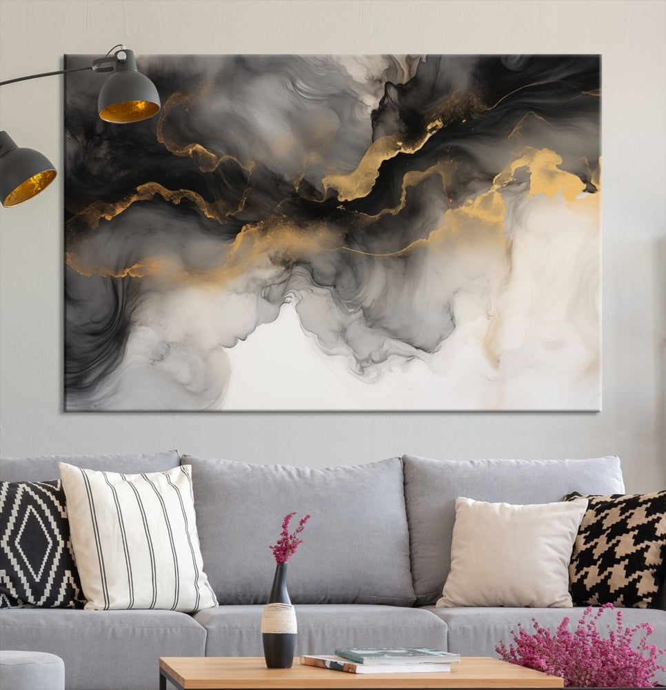 Gold Gray Painting Canvas Wall Art Set of Modern Abstract Print