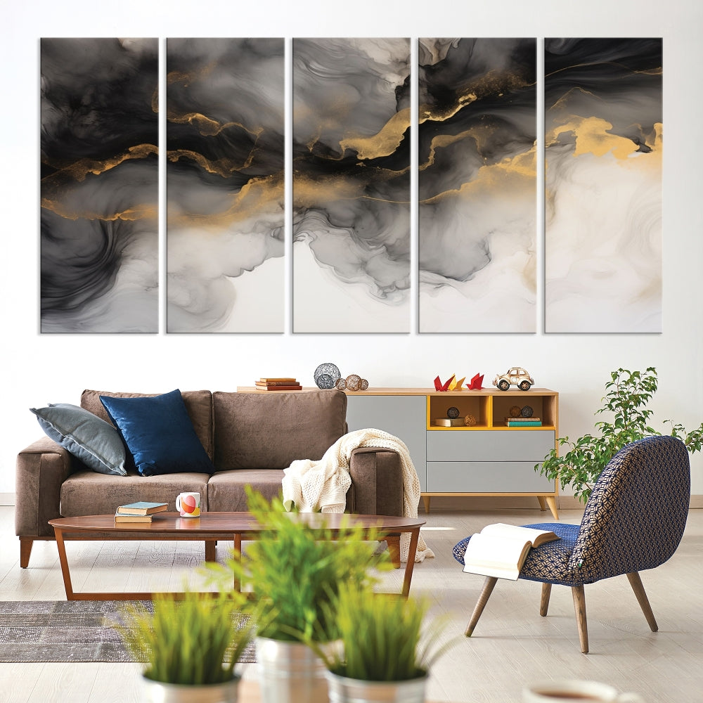 Gold Gray Painting Canvas Wall Art Set of Modern Abstract Print