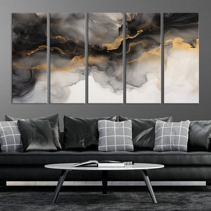 Gold Gray Painting Canvas Wall Art Set of Modern Abstract Print