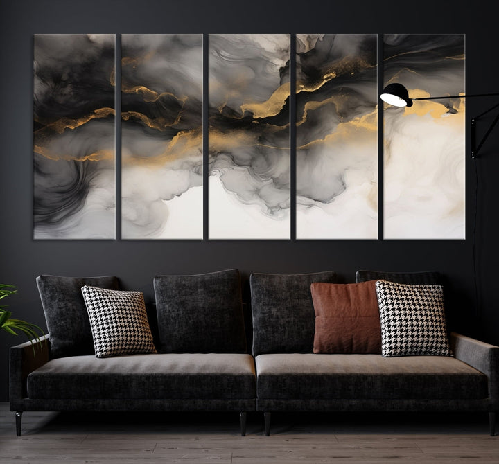 Gold Gray Painting Canvas Wall Art Set of Modern Abstract Print