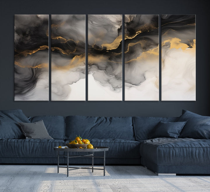 Gold Gray Painting Canvas Wall Art Set of Modern Abstract Print