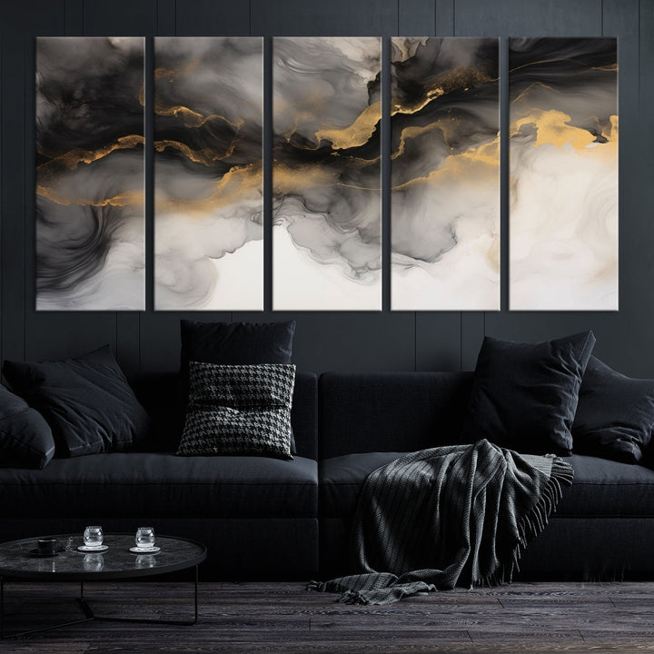 Gold Gray Painting Canvas Wall Art Set of Modern Abstract Print