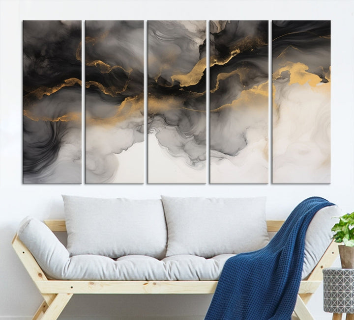 Gold Gray Painting Canvas Wall Art Set of Modern Abstract Print