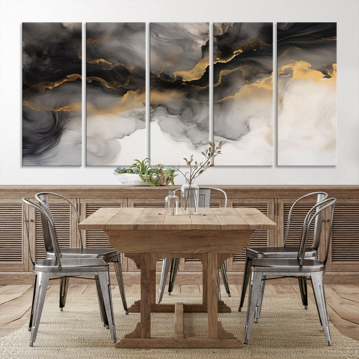 Gold Gray Painting Canvas Wall Art Set of Modern Abstract Print