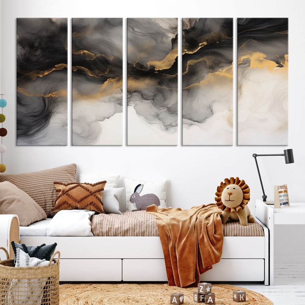 Gold Gray Painting Canvas Wall Art Set of Modern Abstract Print