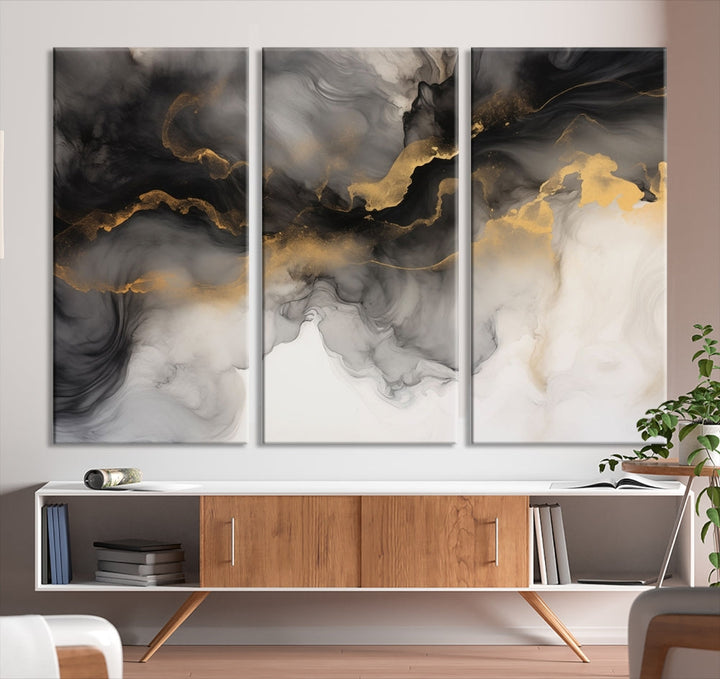 Gold Gray Painting Canvas Wall Art Set of Modern Abstract Print