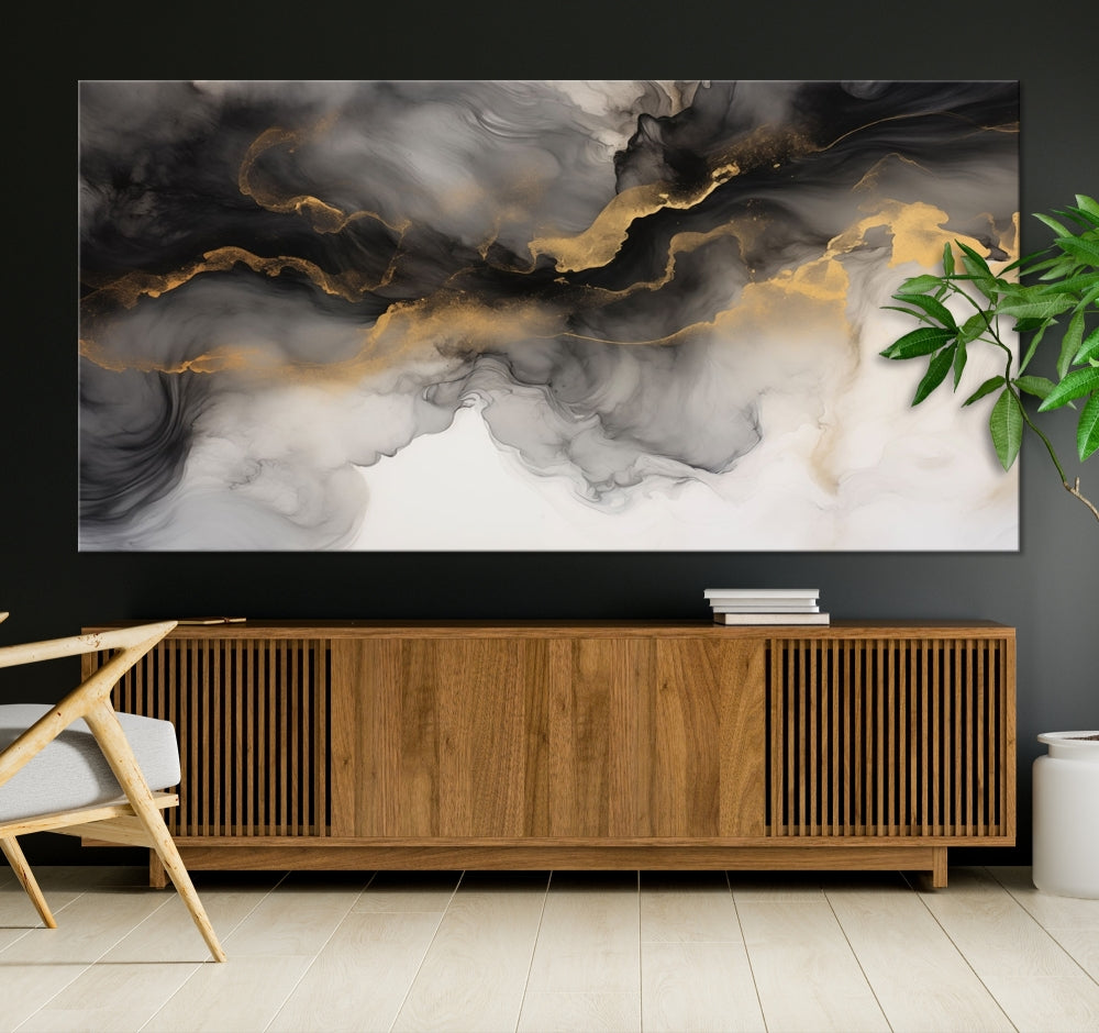 Gold Gray Painting Canvas Wall Art Set of Modern Abstract Print