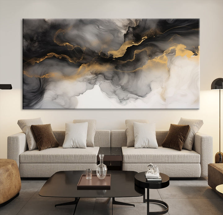 Gold Gray Painting Canvas Wall Art Set of Modern Abstract Print