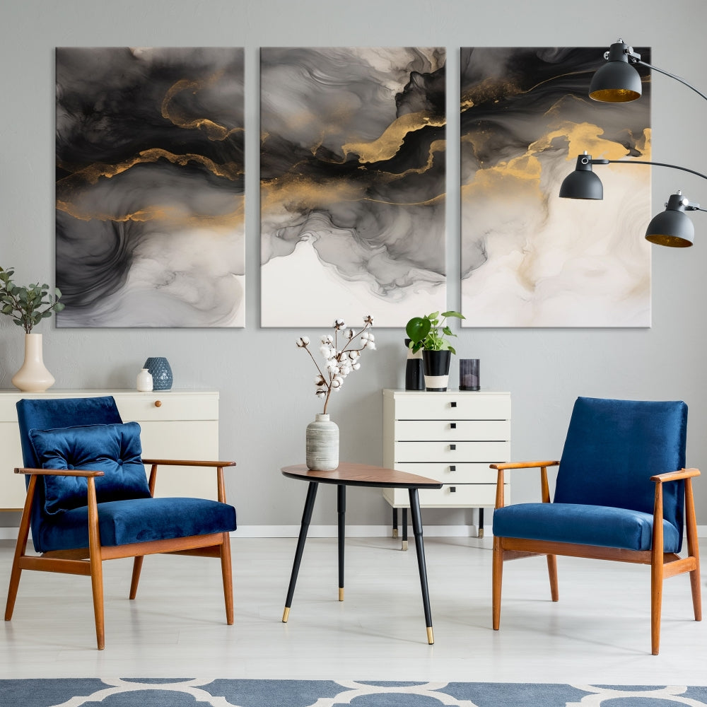 Gold Gray Painting Canvas Wall Art Set of Modern Abstract Print