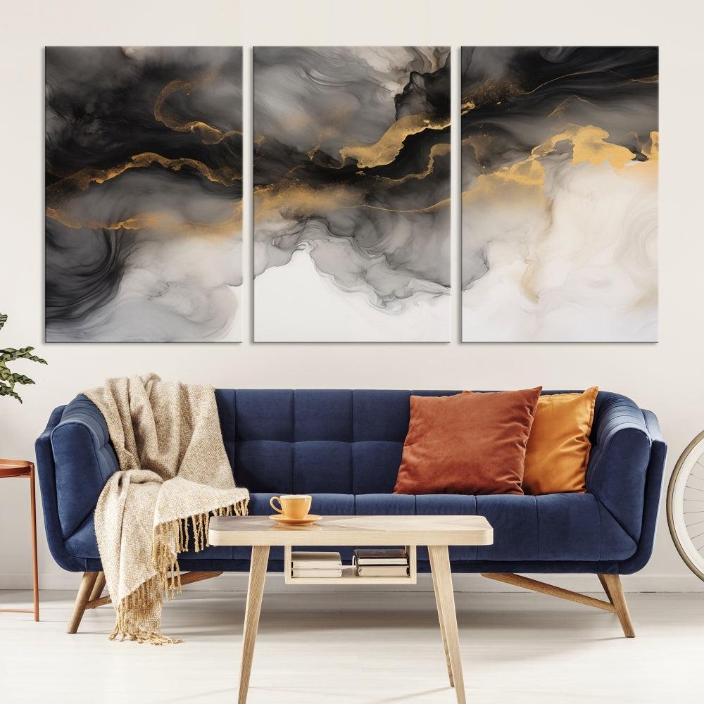 Gold Gray Painting Canvas Wall Art Set of Modern Abstract Print