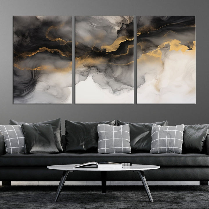 Gold Gray Painting Canvas Wall Art Set of Modern Abstract Print