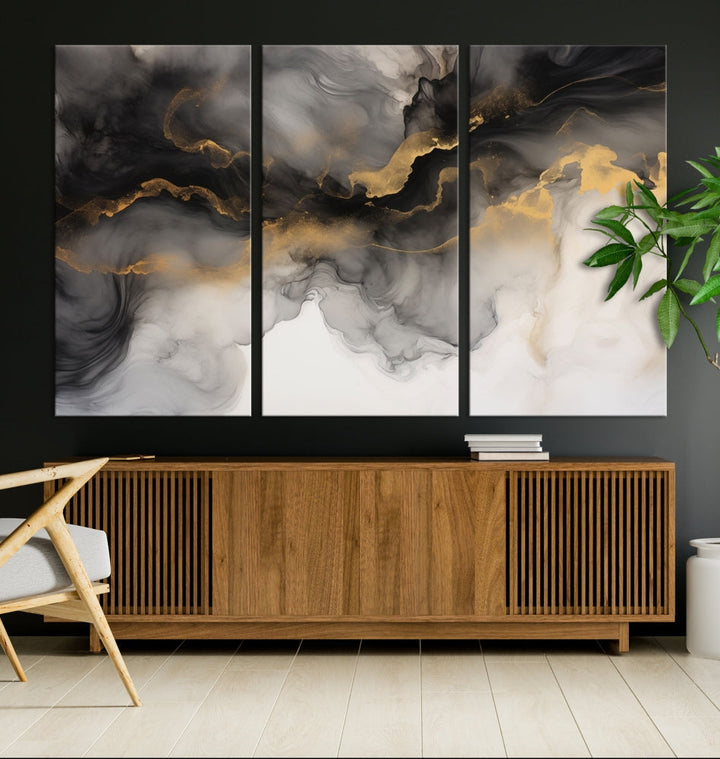 Gold Gray Painting Canvas Wall Art Set of Modern Abstract Print