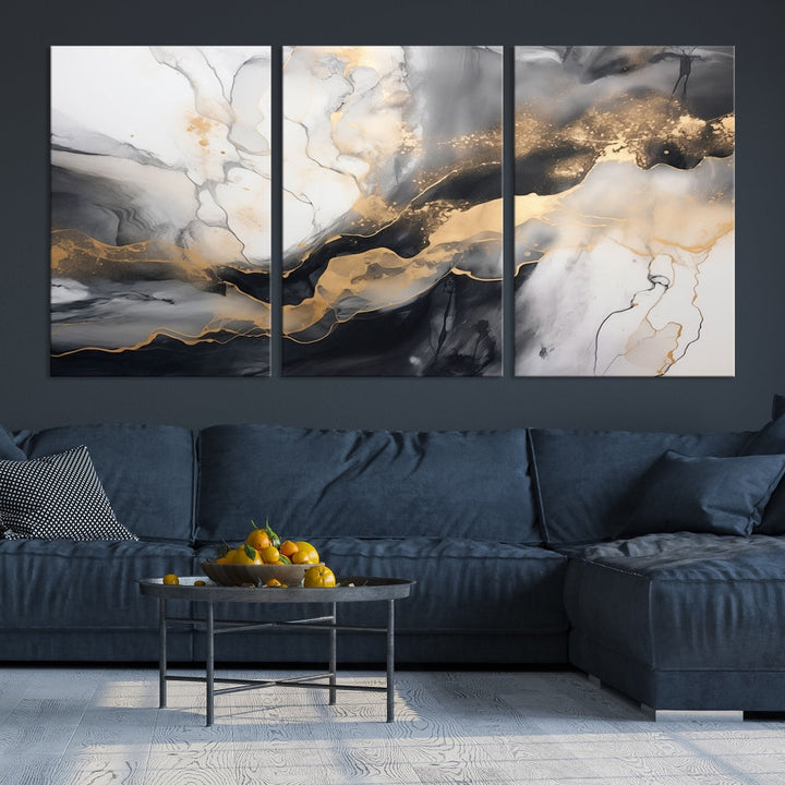 Gold Gray Painting Modern Canvas Wall Art Print Framed Abstract Wall Decor