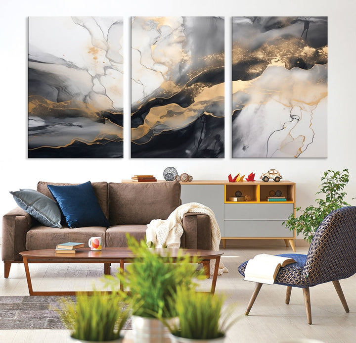 Gold Gray Painting Modern Canvas Wall Art Print Framed Abstract Wall Decor